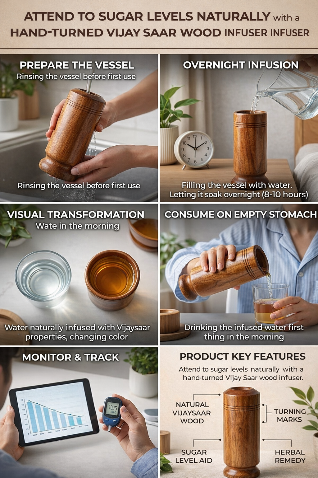 Pure Vijaysar Sugar Control Wooden Detox Water Glass