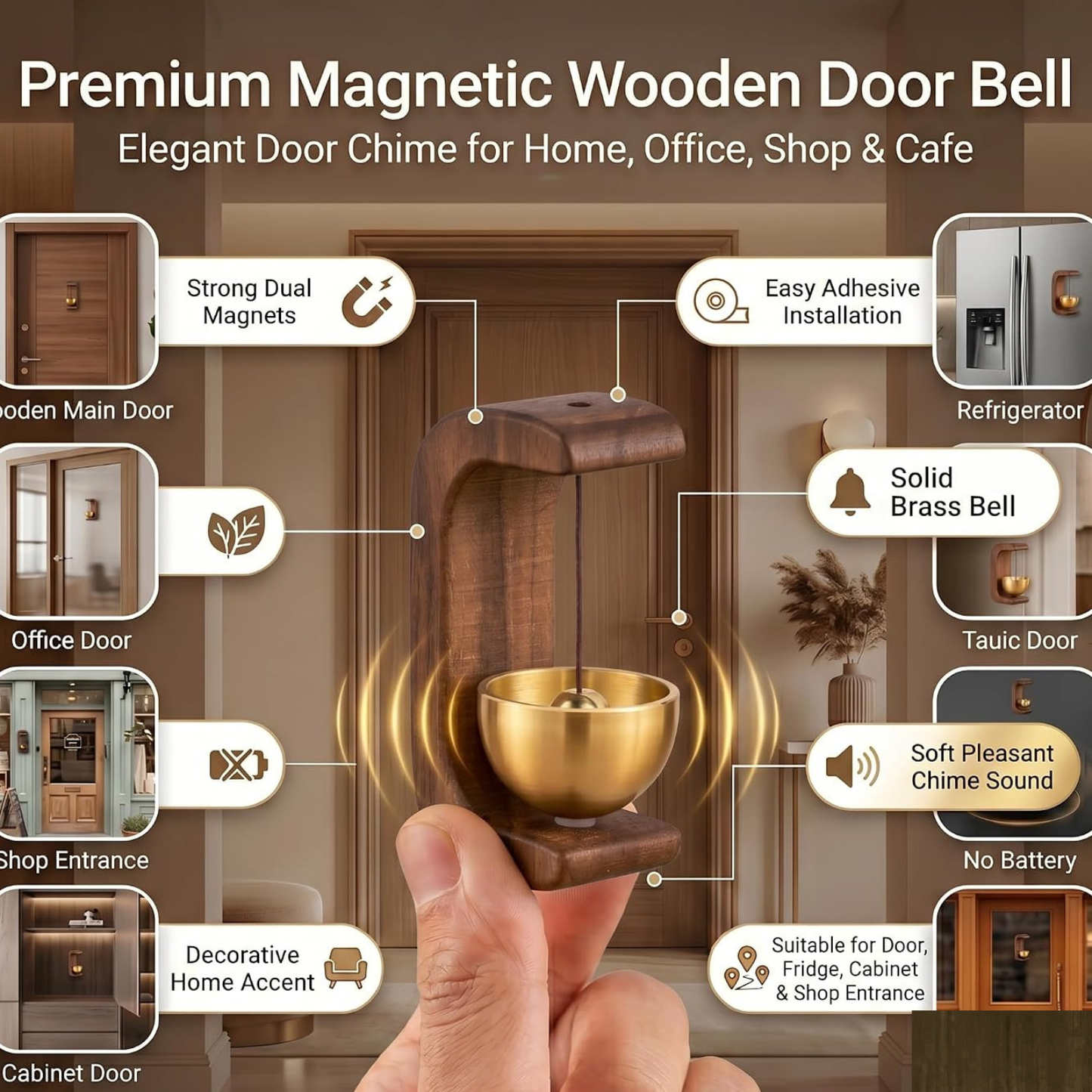 Premium Wooden Magnetic Table Bell with Brass Bowl for Home & Office