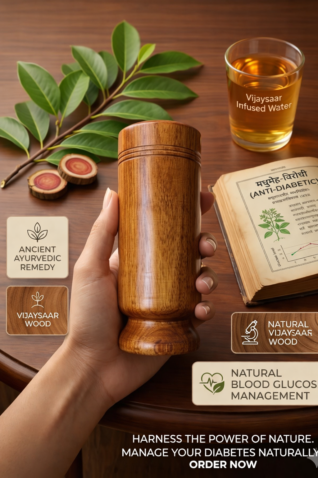 Pure Vijaysar Sugar Control Wooden Detox Water Glass