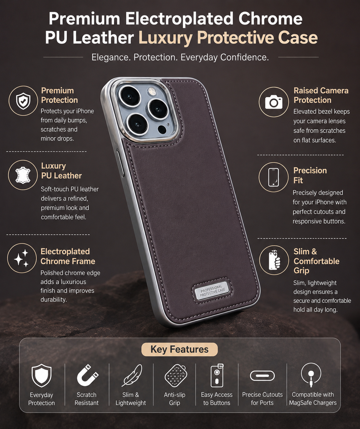 Premium Electroplated Chrome PU Leather Luxury Protective Case